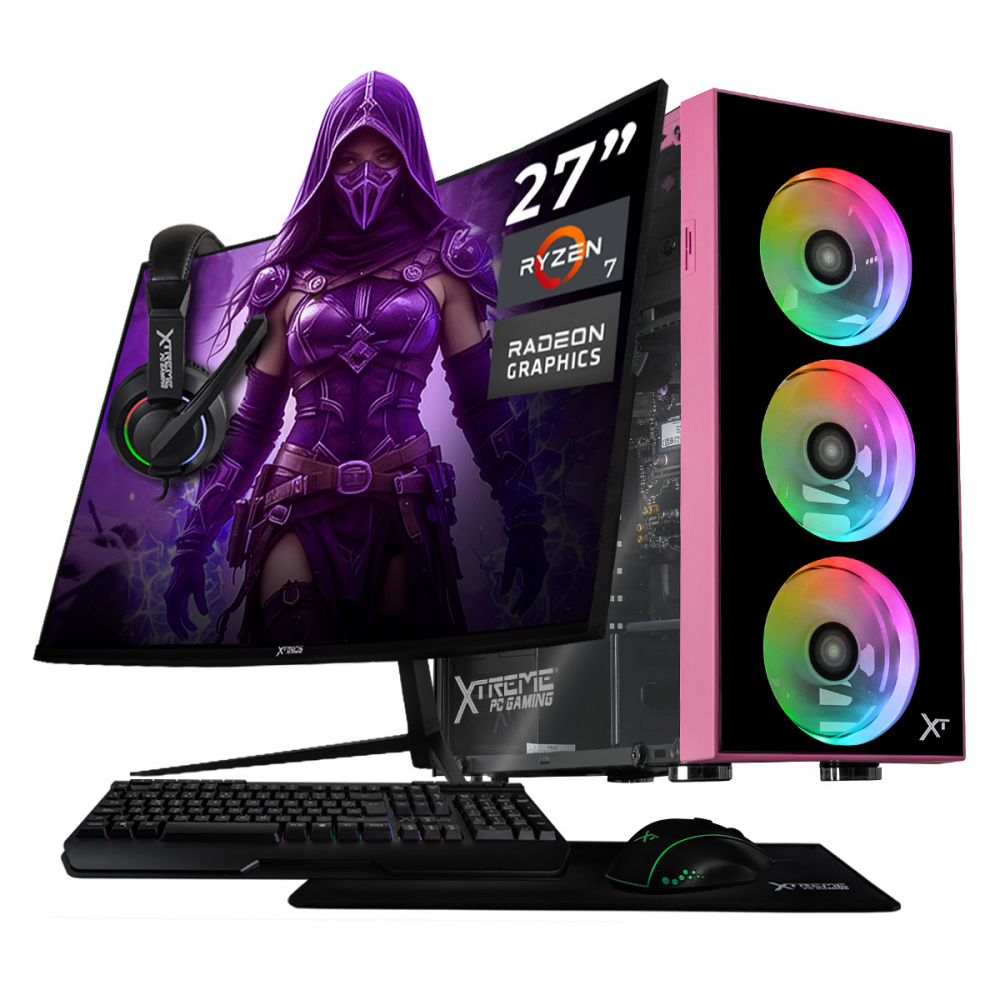 Computadora Xtreme PC Gaming Dragonfly Pink, AMD Ryzen 7 8700G, 16GB, 500GB SSD, Wi-Fi, Windows 11 Prueba + Teclado/Mouse/Monitor de 27"