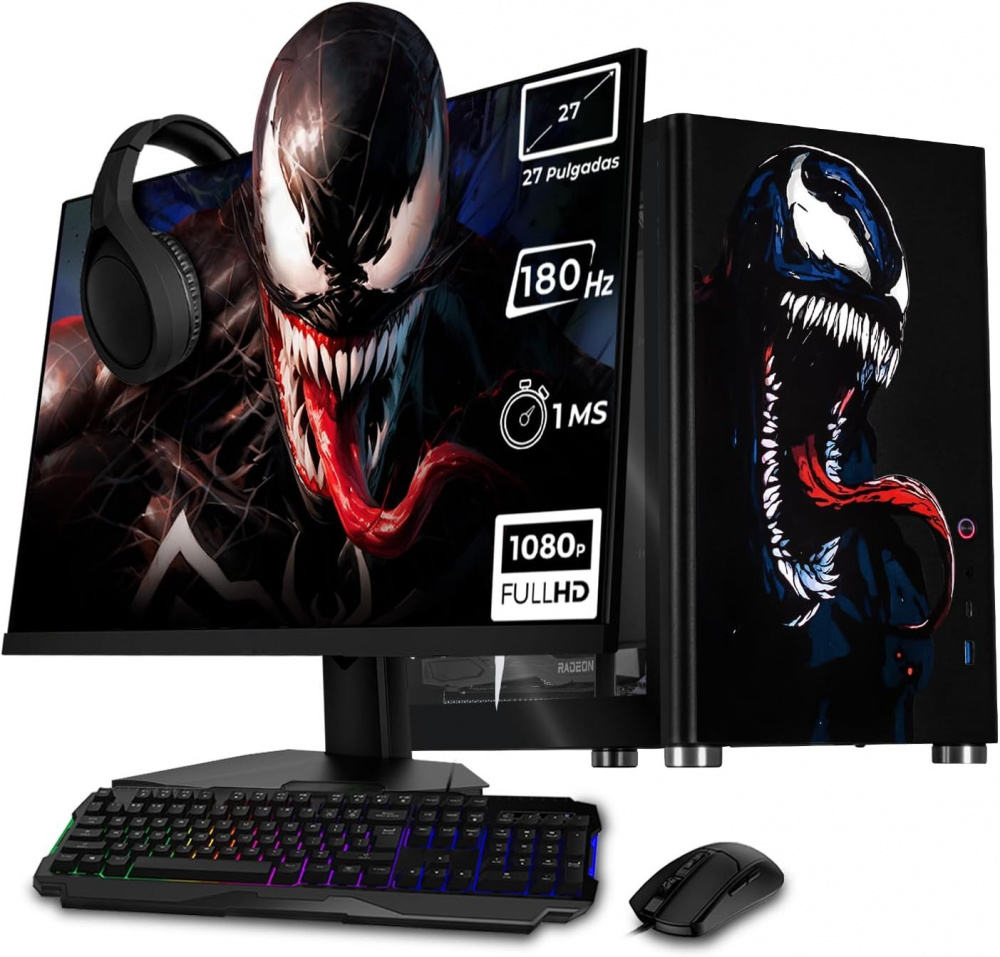 Computadora Gamer Xtreme PC Gaming Venom Comic, AMD Ryzen 7 5700, AMD Radeon RX 9060, 32GB, 1TB SSD, Wi-Fi, Windows 10 Prueba + Teclado/Mouse/Monitor de 27"