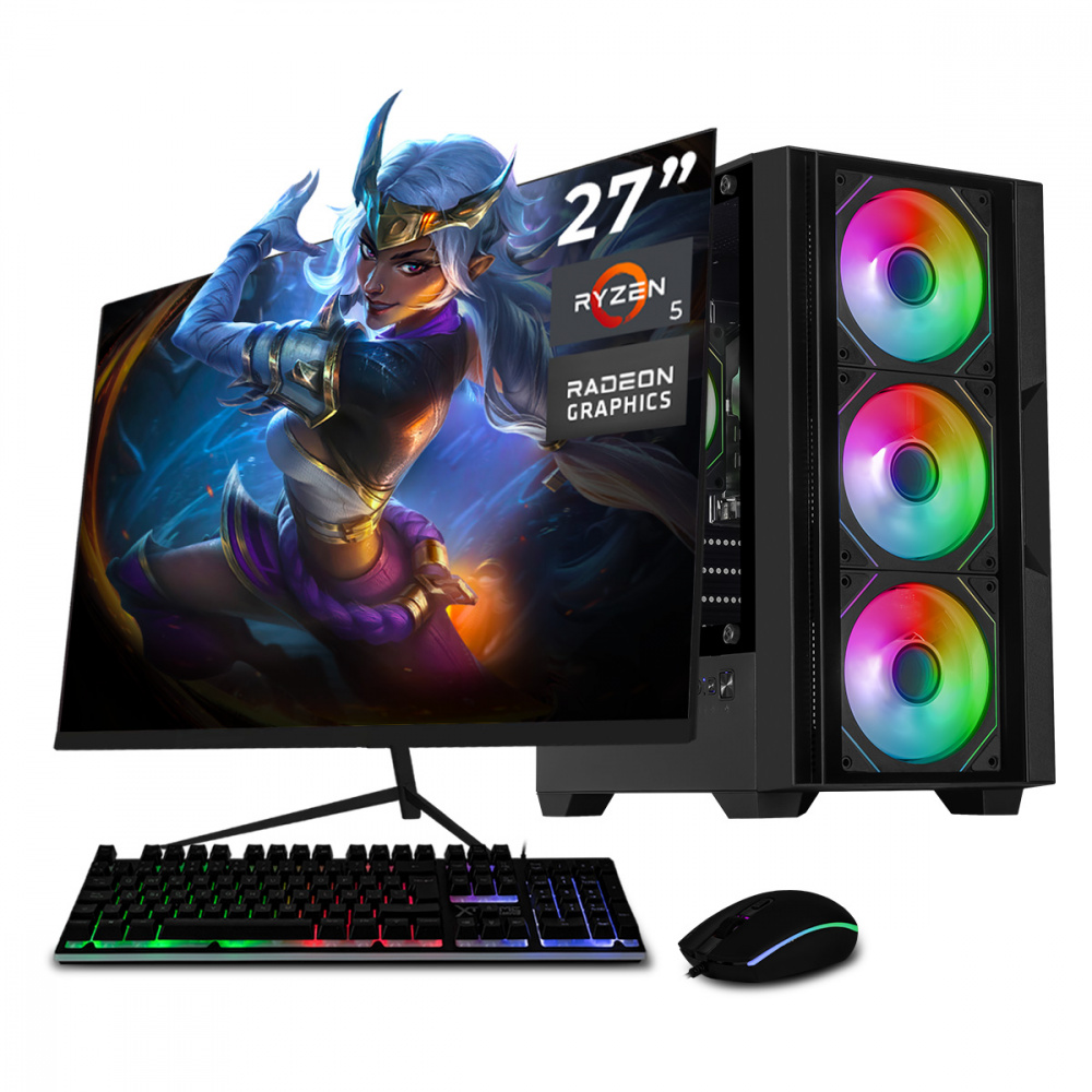 Computadora Xtreme PC Gaming CM-07361, AMD Ryzen 5 5600G, 16GB, 1TB SSD, Wi-Fi, Windows 10 Prueba + Teclado/Mouse/Monitor de 27"