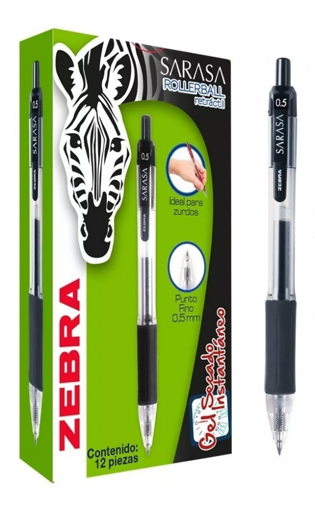 Zebra Lapicero Sarasa, Punto Mediano, 0.5mm, Negro, 12 Piezas