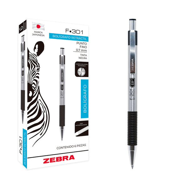 Zebra Papeleria Bolígrafo Retráctil F-301 Compact Grip, Punto Fino 0.7mm, Negro, 6 Piezas