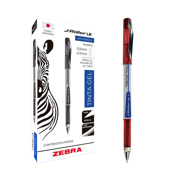 Zebra Papeleria Bolígrafo de Gel J-Roller, Punto Mediano 0.7mm, Rojo, 6 Piezas