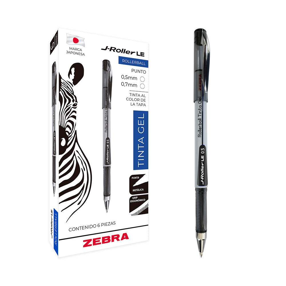 Zebra Papeleria Bolígrafo J-Roller, Punto Fino 0.5mm, Negro, 6 Piezas