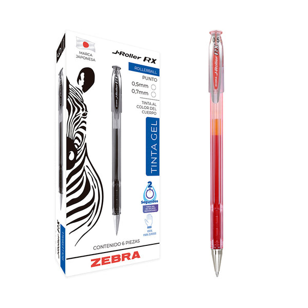 Zebra Papeleria Bolígrafo J Roller, Punto Fino 0.5mm, Rojo, 6 Piezas