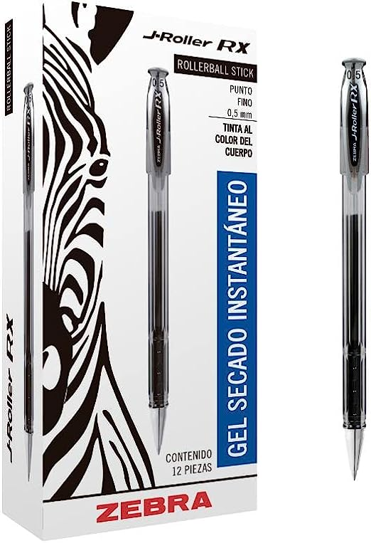 Zebra Bolígrafo de Gel J-Roller RX, Punto Fino de 0.5mm, Negro, 12 Piezas