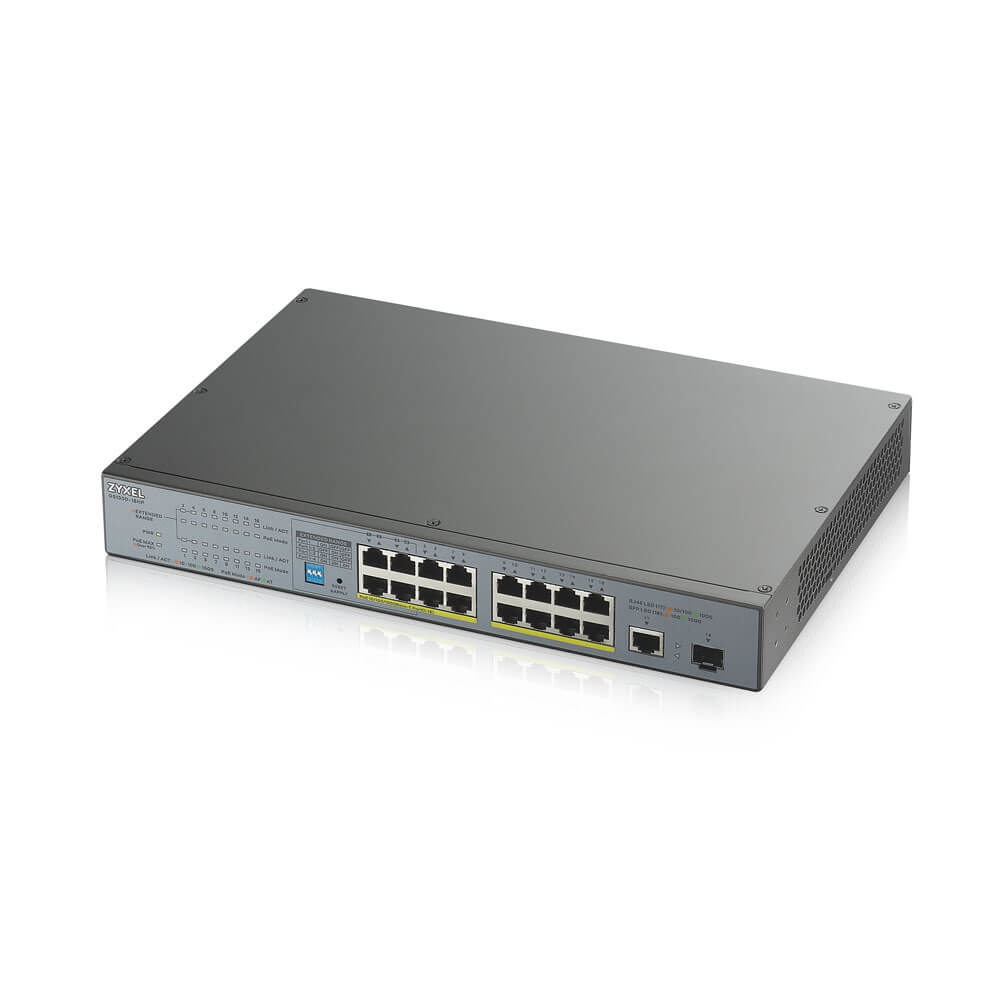 Switch Zyxel Gigabit Ethernet GS1300-18HP, 17 Puertos 10/100/1000Mbps (16x PoE) + 1 Puerto SFP, 36 Gbit/s, 8.000 Entradas - No Administrable