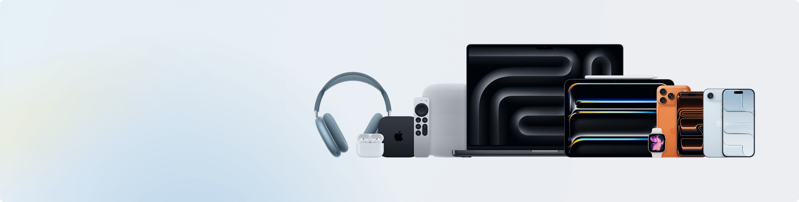 Familia de dispositivos Apple: MacBook Pro, iPad Pro, iPhone, Apple Watch, AirPods, Apple TV y HomePod mini