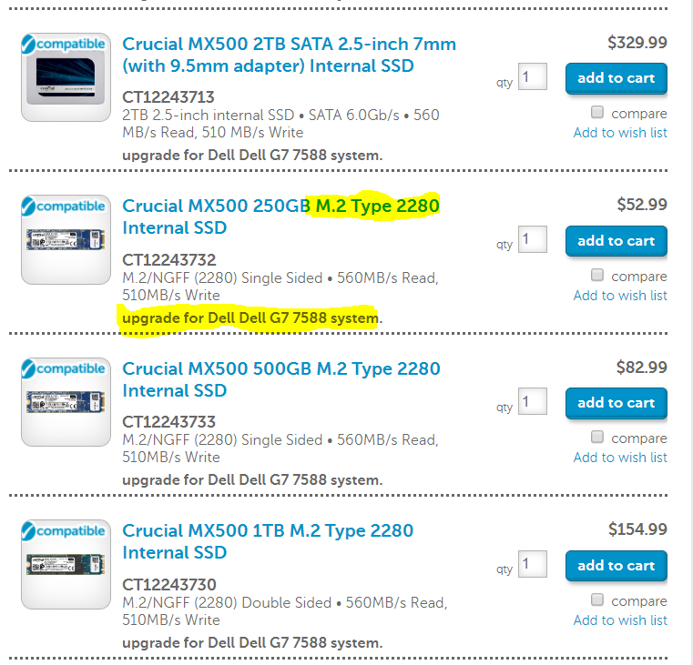 Imágenes 1: En la página de Crucial menciona que las Dell G7 7588 system es compatible con las SSD tipo M.2, si esa es tu máquina, entonces sin duda esta WD Green te servirá.