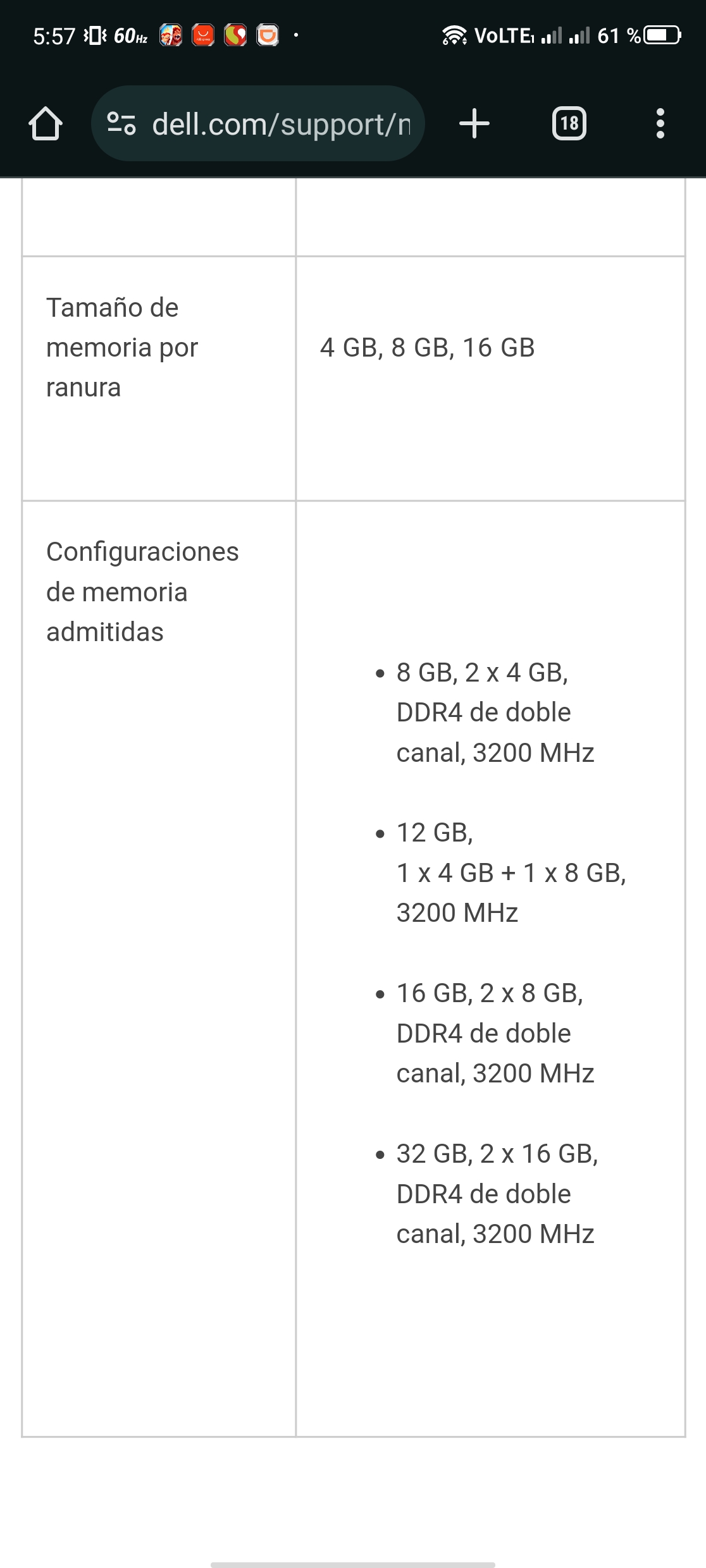 Imágenes 1: Cheque las especificaciones de tu laptop y me dice que aguanta dos memorias DDR 4 de 16 GB 3200 MHZ en cada ranura, pero podrÃas checar si con la actualización de la BIOS te lee los 32 GB en cada ranura.