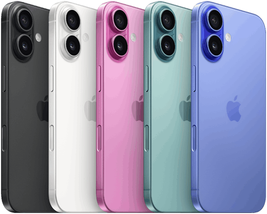 iPhone 16, parte posterior, sistema avanzado de dos cámaras en relieve, logo de Apple en el centro, cinco acabados: negro, blanco, rosa, verde azulado y color ultramarino