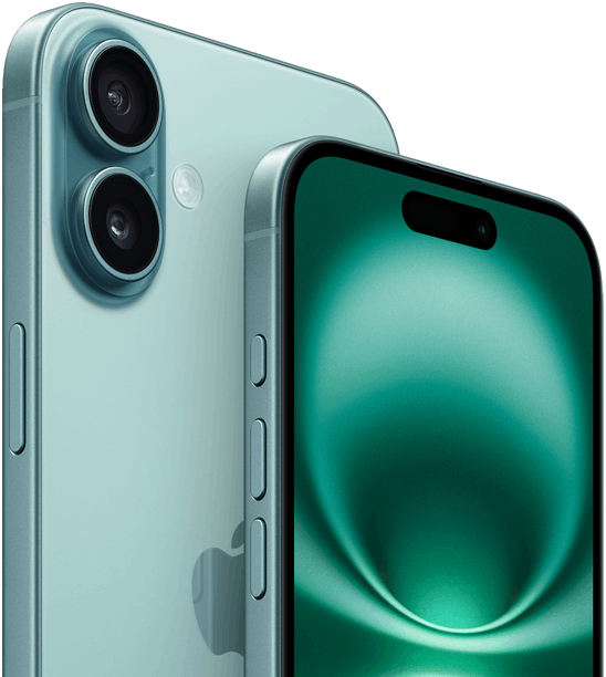 iPhone 16 Plus y iPhone 16, Botón de Acción, botones de volumen, botón lateral y Control de la Cámara, parte frontal con diseño todo pantalla, Dynamic Island en el centro de la parte superior, parte posterior, verde azulado, sistema avanzado de dos cámaras en relieve en la esquina superior izquierda, logo de Apple en el centro