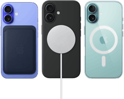 Tres dispositivos iPhone 16, parte posterior, con accesorios MagSafe acoplados: una cartera de FineWoven con MagSafe, un cargador MagSafe con funda de silicón y un funda transparente con MagSafe para el iPhone