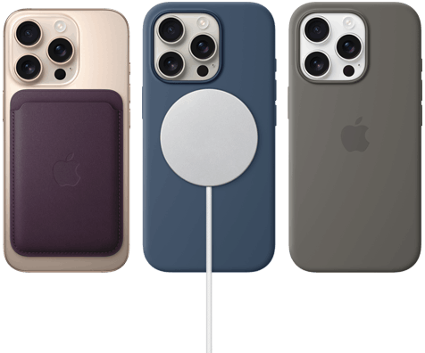 Tres dispositivos iPhone 16 Pro, parte posterior, con accesorios MagSafe acoplados: una cartera de FineWoven con MagSafe para el iPhone, un cargador MagSafe y una funda de silicón con MagSafe para el iPhone