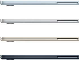 Cuatro MacBook Air que muestran los acabados disponibles: azul cielo, color plata, blanco estelar y medianoche