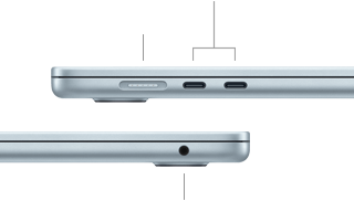 Vistas laterales de una MacBook Air que muestran los puertos: MagSafe y dos puertos Thunderbolt 4 del lado izquierdo y una entrada para audífonos del lado derecho
