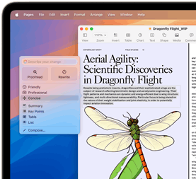 Uso de las Herramientas de Escritura de Apple Intelligence para hacer más conciso un texto científico sobre las libélulas