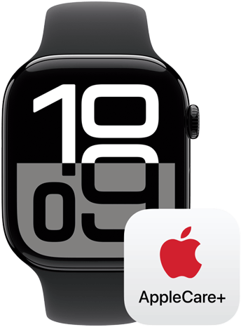 Logo del AppleCare+ junto a un Apple Watch Series 10