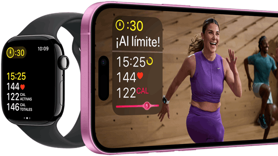 Métricas de entrenamiento en un Apple&nbsp;Watch Series&nbsp;10 y en un iPhone