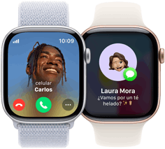 Un Apple Watch Series 10 muestra una llamada entrante y otro Apple Watch Series 10 muestra que se recibió un mensaje
