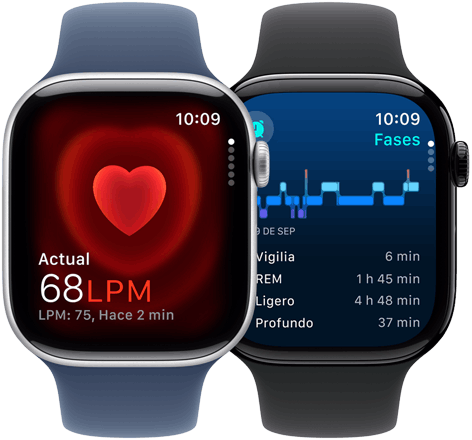 Un Apple Watch Series 10 con la app Frecuencia Cardiaca que muestra una lectura actual de 68 LPM y otro Apple Watch Series 10 con una notificación de apnea del sueño