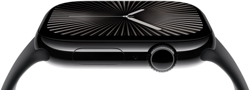 Imagen de un Apple Watch Series 10 que muestra la pantalla y la Digital Crown desde la parte lateral. El reloj se inclina hacia un lado para mostrar más contenido de la pantalla. 