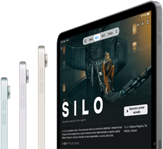 Vista lateral de tres modelos de iPad Air, un cuarto iPad Air muestra la serie Silo de Apple TV+