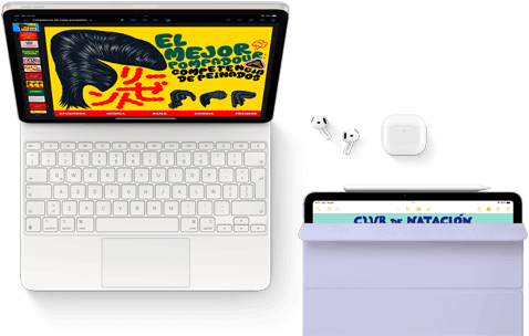 iPad Air conectado a un Magic Keyboard, con los AirPods Pro, el Apple Pencil Pro y accesorios Smart Folio