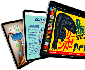 Tres pantallas de iPad Air muestran funcionalidades de apps y iPadOS