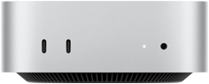 Vista de los puertos en la parte delantera de una Mac mini color plata: dos puertos USB-C y una entrada para audífonos de 3.5 mm