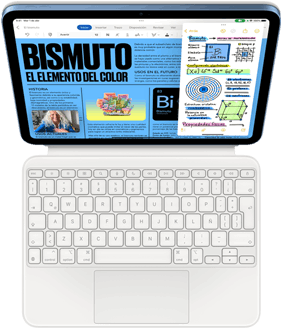 iPad conectado a un Magic Keyboard Folio, la pantalla muestra Slide Over con Pages y la app Notas