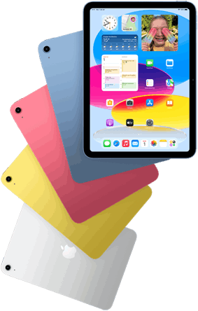 Vista frontal de un iPad que muestra la pantalla de inicio, y vista posterior de cuatro modelos de iPad en azul, rosa, amarillo y color plata ubicados detrás del primero