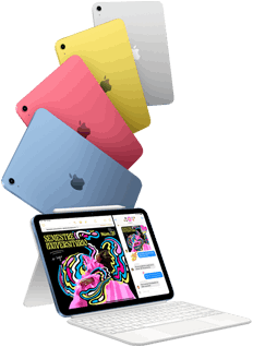Modelos de iPad en azul, rosa, amarillo y color plata, y un iPad conectado a un Magic Keyboard Folio con un Apple Pencil