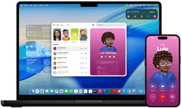 MacBook Pro y iPhone 16 Plus, app Teléfono abierta, el mismo contacto aparece en ambas pantallas
