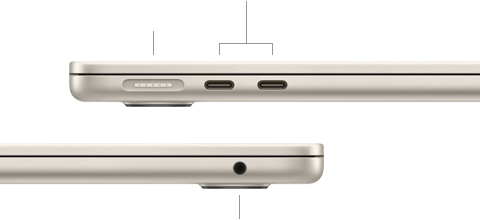 Lado izquierdo de una MacBook Air cerrada, con el puerto MagSafe y dos puertos Thunderbolt, y lado derecho con la entrada para audífonos