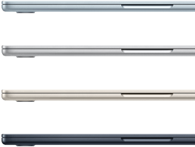 Parte lateral de cuatro laptops MacBook Air que muestran cuatro acabados diferentes