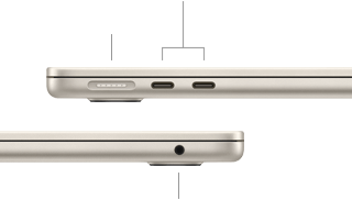 Lado izquierdo de una MacBook Air cerrada, con el puerto MagSafe y dos puertos Thunderbolt, y lado derecho con la entrada para audífonos
