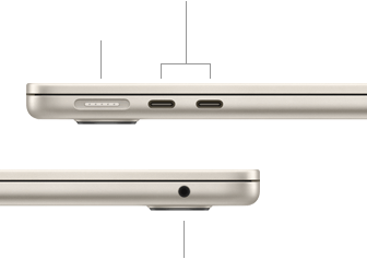 Lado izquierdo de una MacBook Air cerrada, con el puerto MagSafe y dos puertos Thunderbolt, y lado derecho con la entrada para audífonos