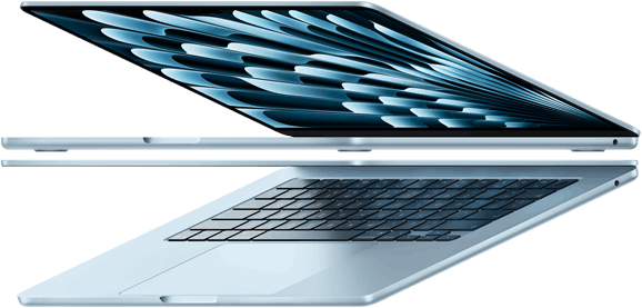 Dos MacBook Air azul cielo abiertas en forma de flecha para destacar el perfil delgado