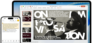 Un iPhone 16 Plus con texto resaltado en la app Notas, una MacBook Air con una diapositiva de Keynote abierta, el texto de la app Notas visible en la diapositiva