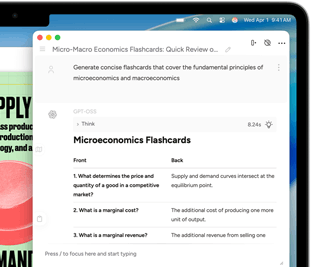 Pantalla de una MacBook Air que muestra Herramientas de Escritura de Apple Intelligence creando tarjetas de estudio sobre micro y macroeconomía