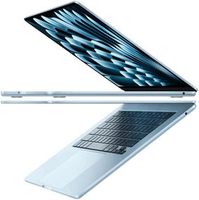 Dos MacBook Air azul cielo abiertas en forma de flecha para destacar el perfil delgado
