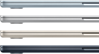 Parte lateral de cuatro laptops MacBook Air que muestran cuatro acabados diferentes