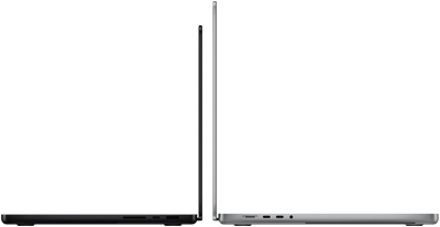 Una MacBook Pro de 14 pulgadas y una de 16 pulgadas colocadas una contra otra, para mostrar la diferencia de tamaño y destacar el perfil delgado