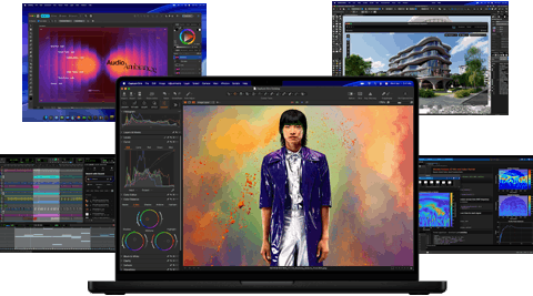 Varias imágenes con contenido colorido de apps de producción de música, diseño gráfico, animación 3D y edición de fotos en pantallas de Mac que muestran el potente rendimiento gráfico