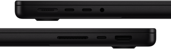 Vista de los puertos de la MacBook Pro, lado izquierdo: MagSafe 3, dos puertos Thunderbolt y entrada para audífonos, lado derecho: ranura para tarjeta SDXC, un puerto Thunderbolt y puerto HDMI