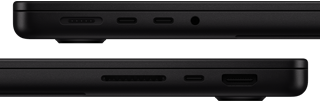 Vista de los puertos de la MacBook Pro, lado izquierdo: MagSafe 3, dos puertos Thunderbolt y entrada para audífonos, lado derecho: ranura para tarjeta SDXC, un puerto Thunderbolt y puerto HDMI