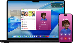 MacBook Pro y iPhone 16 Plus, app Teléfono abierta, el mismo contacto aparece en ambas pantallas