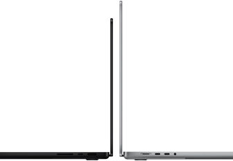 MacBook Pro de 14 pulgadas y de 16 pulgadas colocadas una contra otra, para mostrar la diferencia de tamaño y destacar el perfil delgado
