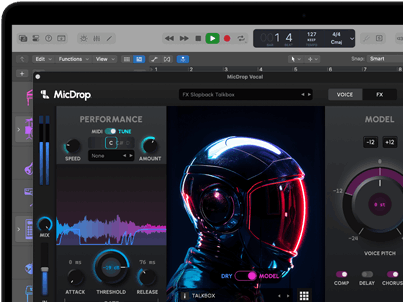 Contenido en pantalla que muestra el software MicDrop usando funcionalidades de IA para editar una grabación de voz en una MacBook Pro