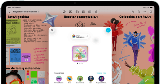 iPad Air, parte frontal, orientación horizontal, botones de volumen, botón de encendido, la pantalla muestra una interfaz de app colorida con varios íconos